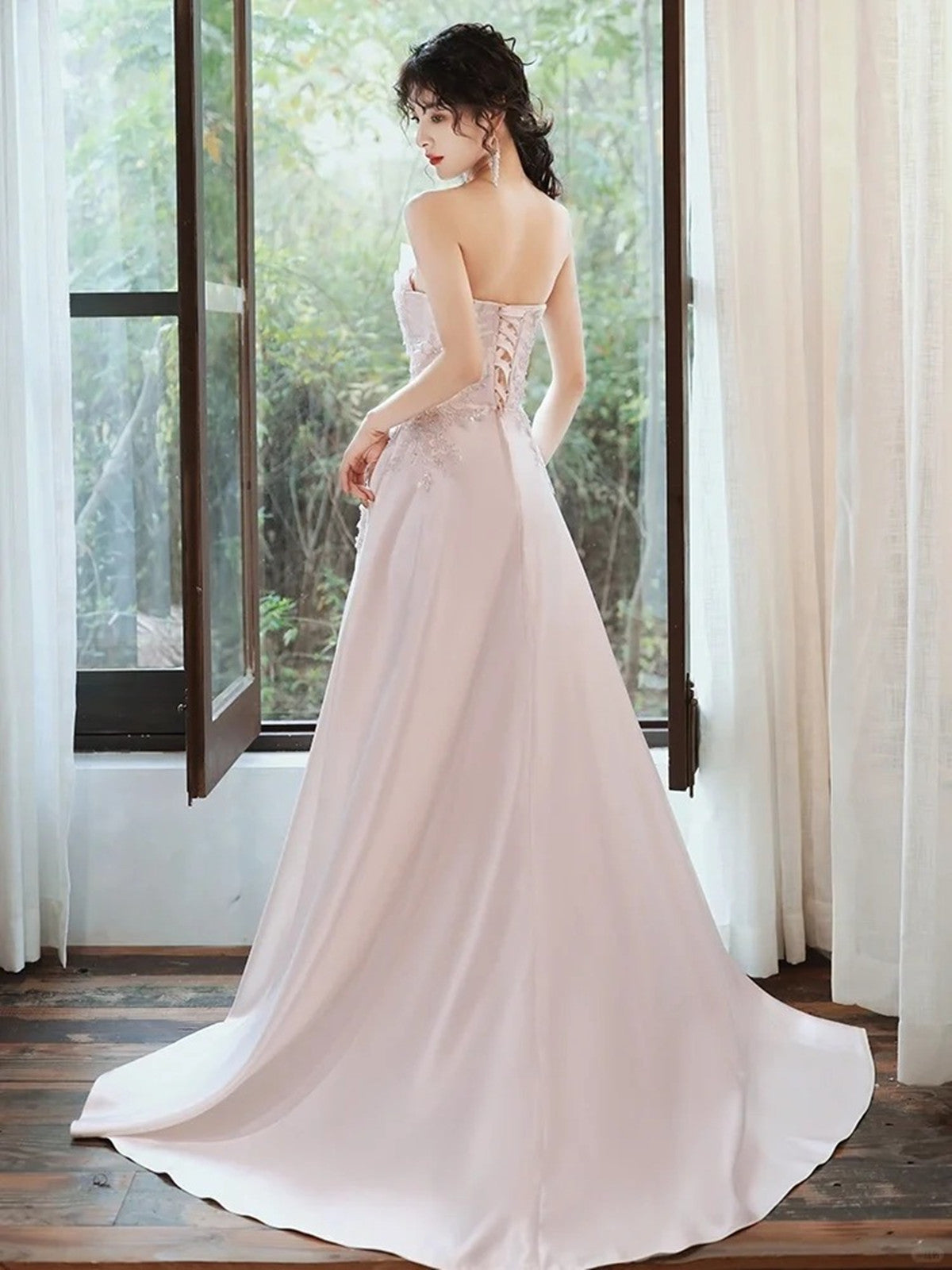 A-line Pink Satin and Tulle with Lace Formal Dress, Pink Strapless Evening Dress Prom Dress