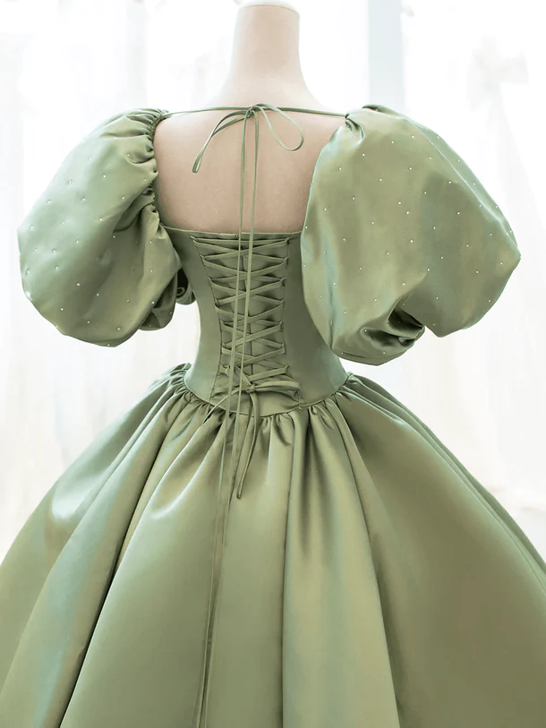 Green Satin A-line Beaded Long Party Dress, Green Evening Dress Prom Dress