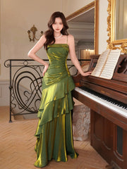 Green Satin Mermaid Long Evening Dress, Green Straps Formal Dress Prom Dress Formal Dress