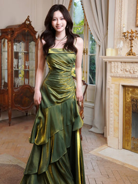 Green Satin Mermaid Long Evening Dress, Green Straps Formal Dress Prom Dress Formal Dress