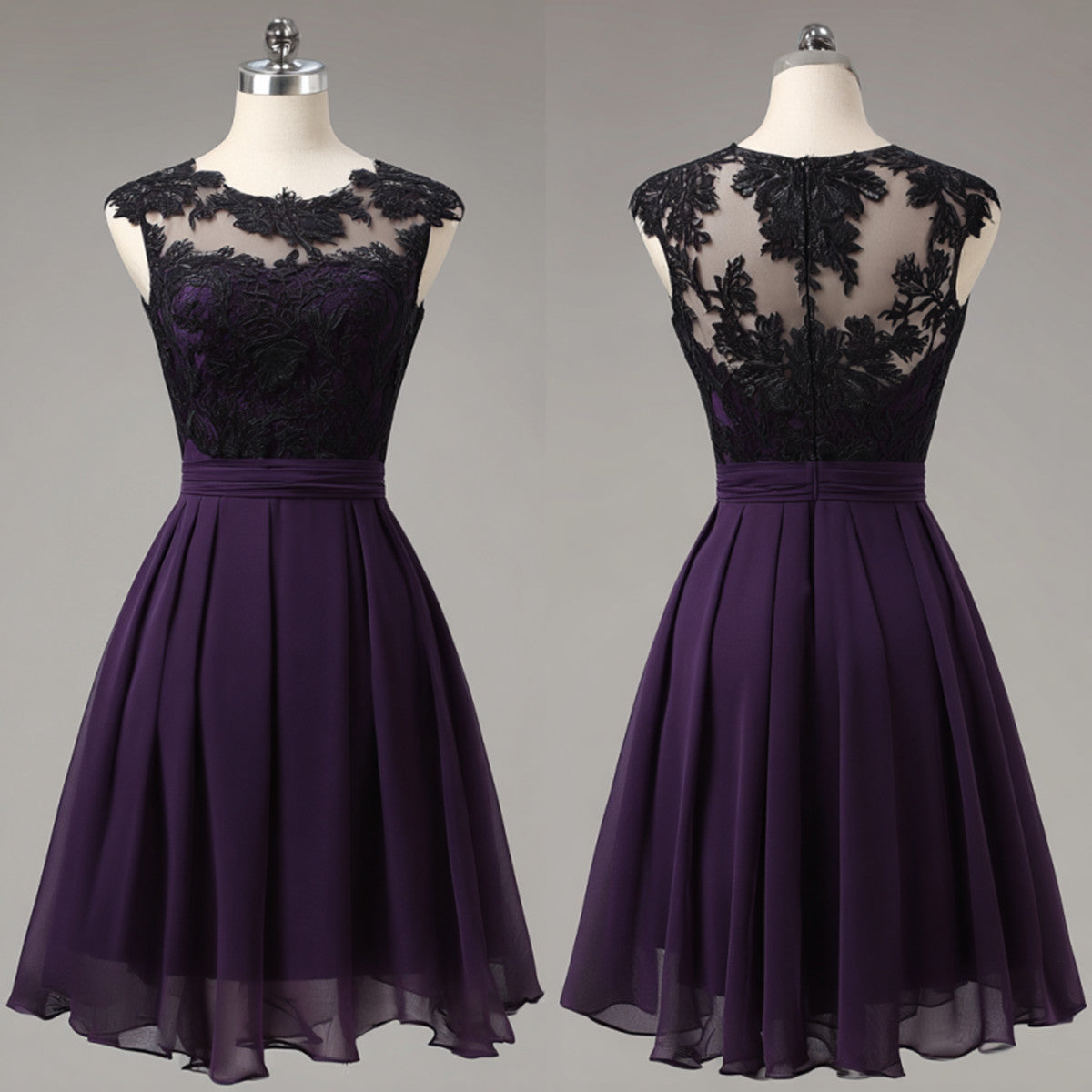 A-line Purple Chiffon Knee Length with Black Lace Party Dress, Chiffon Short Homecoming Dress