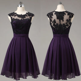 A-line Purple Chiffon Knee Length with Black Lace Party Dress, Chiffon Short Homecoming Dress
