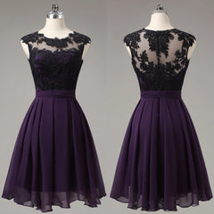 A-line Purple Chiffon Knee Length with Black Lace Party Dress, Chiffon Short Homecoming Dress