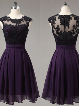 A-line Purple Chiffon Knee Length with Black Lace Party Dress, Chiffon Short Homecoming Dress