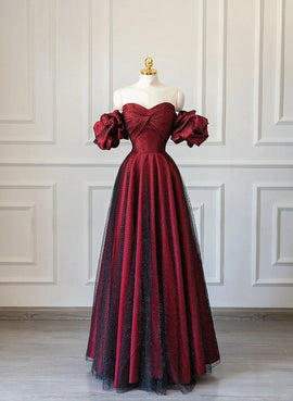 Off Shoulder Wine Red Sweetheart Tulle Prom Dress, A-line Wine Red Evening Dress