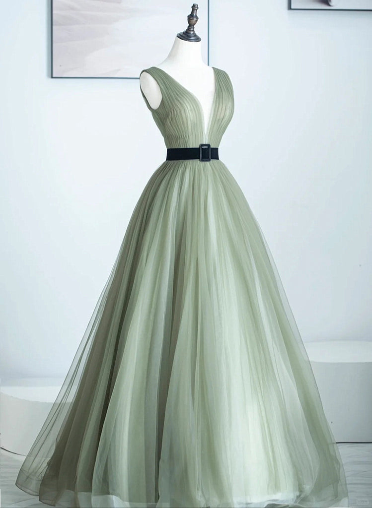 A-line Light Green V-neckline Tulle Long Prom Dress, Light Green Party