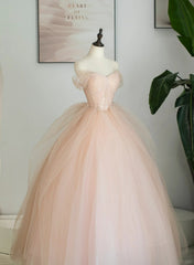 Pink Tulle Ball Gown Sweetheart Long Formal Dress, Pink Tulle Party Dress