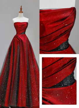 Red and Black Satin with Tulle Chic Long Party Dress, Red Long Prom Dress