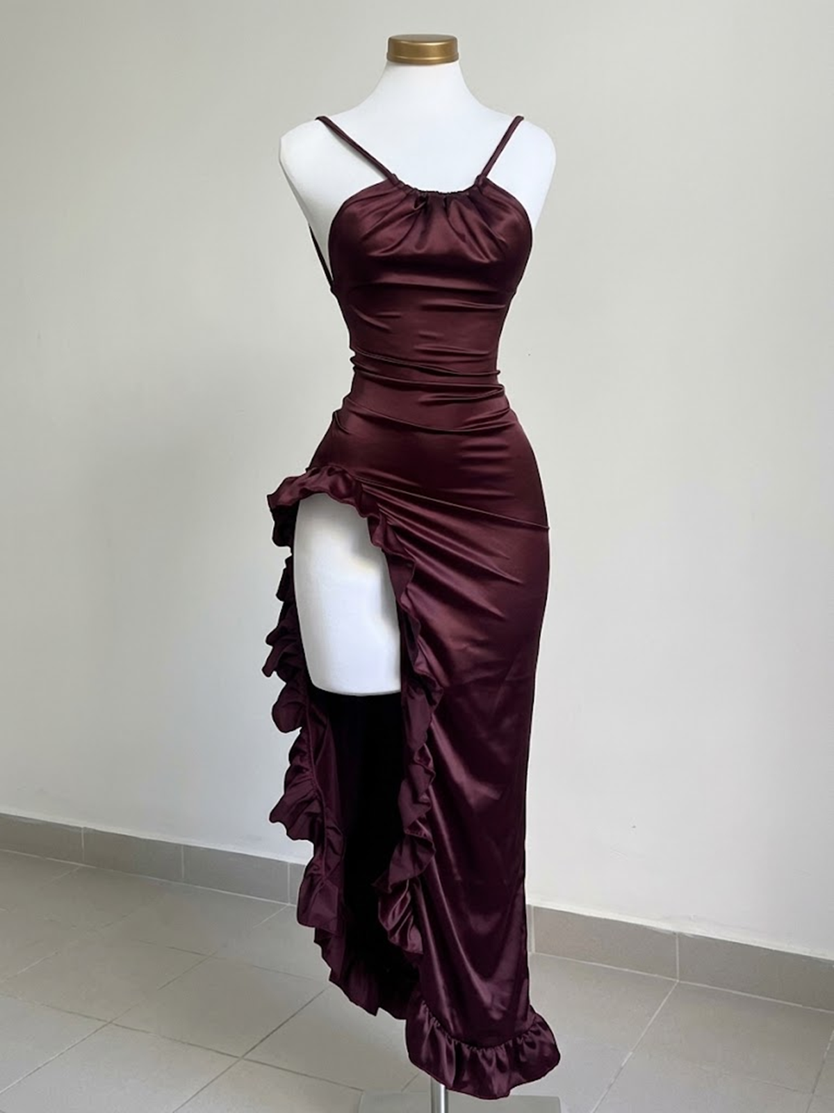 Charming Wine Red Satin Ruched Party Dress with High Slit Ruffle, Sexy Backless Satin Long Prom Dress