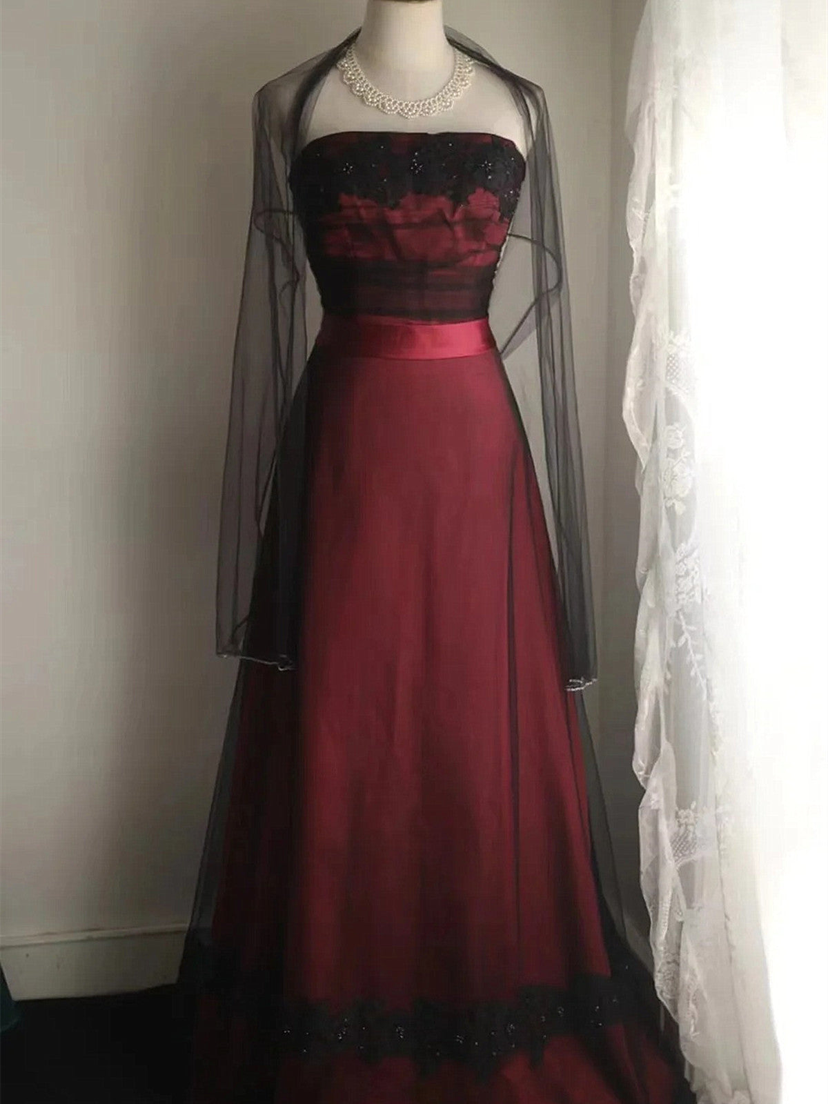 Elegant Black and Red A-line Vintage Style Party Dress, Black and Red Evening Dress