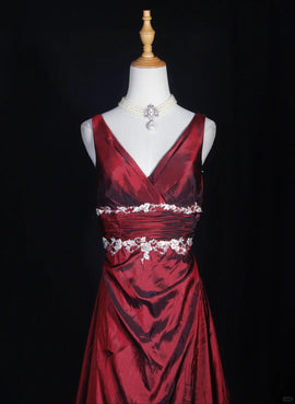 Pretty Wine Red Taffeta V-neckline Long Prom Dress, Wine Red Long Party Dress
