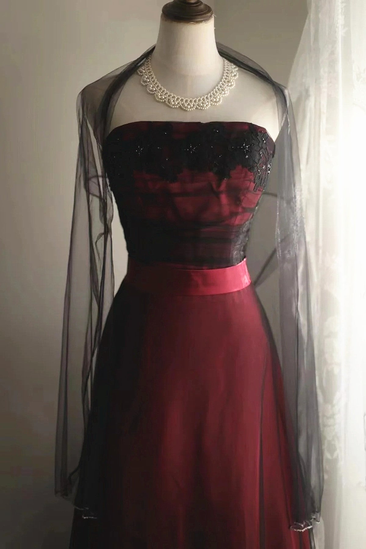 Elegant Black and Red A-line Vintage Style Party Dress, Black and Red Evening Dress