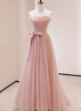 Pink Scoop Lace-up Tulle Long Prom Dress, Pink Tulle Evening Dress Party Dress