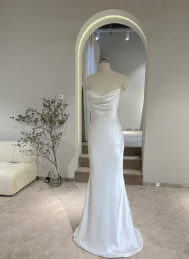 White Soft Satin Straps Simple Long Wedding Party Dress, White Long Evening Dress