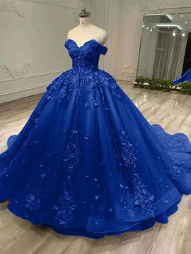 Royal Blue Tulle Ball Gown Sweetheart Off Shoulder Party Dress, Royal Blue Sweet 16 Dress