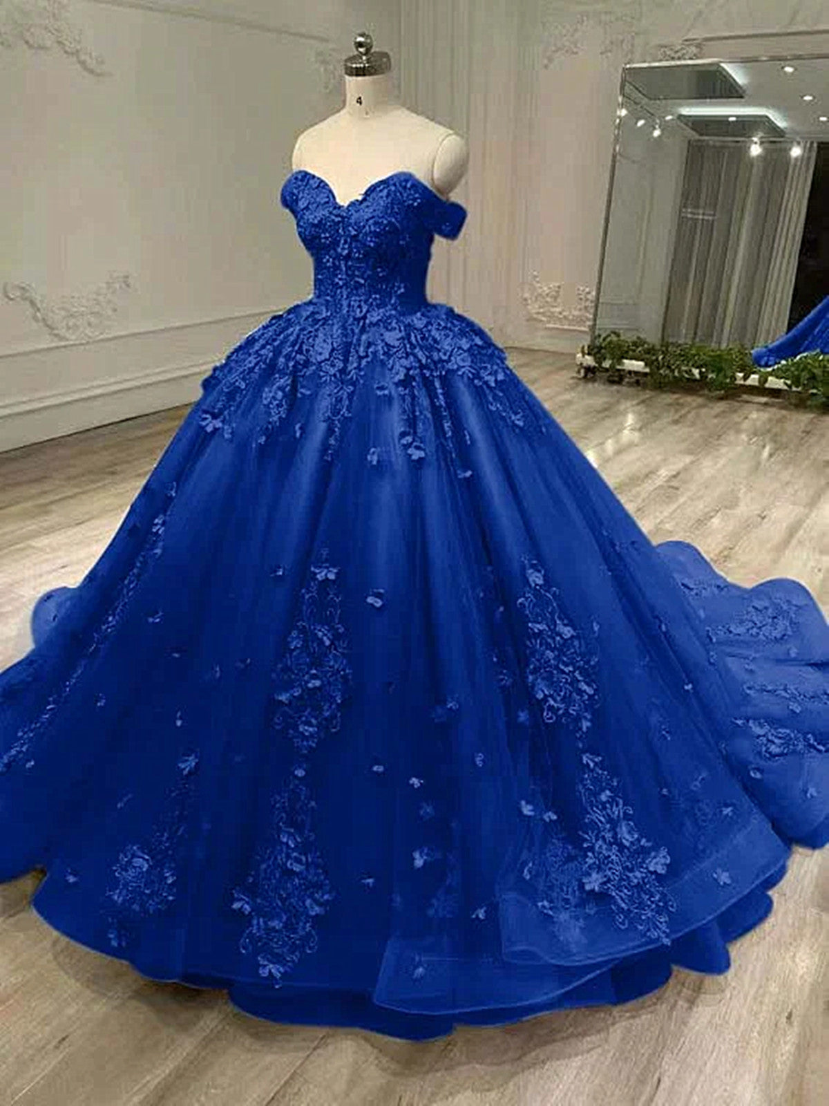 Royal Blue Tulle Ball Gown Sweetheart Off Shoulder Party Dress, Royal Blue Sweet 16 Dress