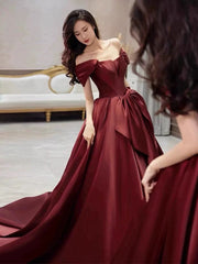 Wine Red Satin Off Shoulder Prom Dress, Wine Red Satin Floor Length Party Dress