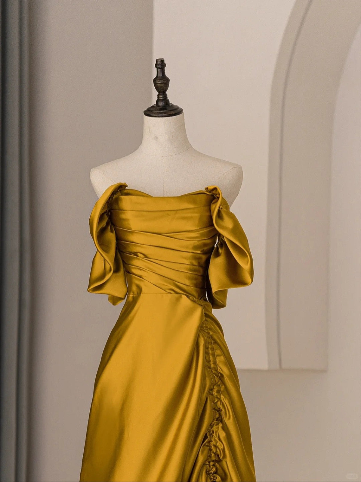 Gold Satin Off Shoulder Long Evening Dress, Gold Satin Prom Dress Cutedressy Gold Satin Off Shoulder Long Evening Dress, Gold Satin Prom Dress Cutedressy