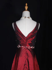 Pretty Wine Red Taffeta V-neckline Long Prom Dress, Wine Red Long Party Dress