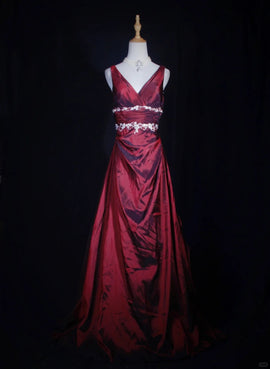 Pretty Wine Red Taffeta V-neckline Long Prom Dress, Wine Red Long Party Dress