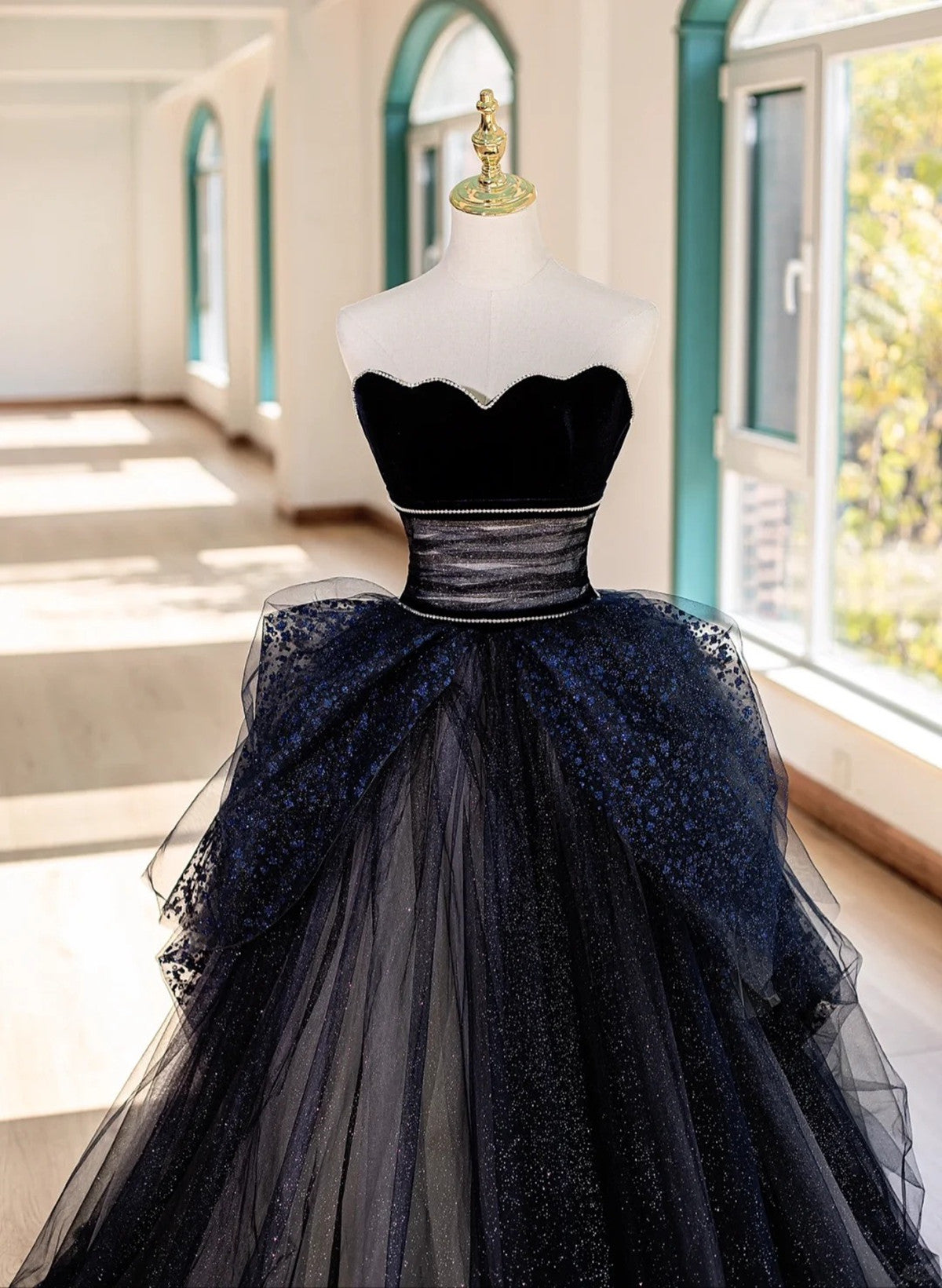 Navy Blue and Black Sweetheart Beaded Tulle Long Evening Dress, Long P – Cutedressy