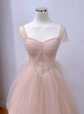 Pink Sweetheart Tulle Beaded Long Party Dress, Pink Tulle Prom Dress Evening Dress