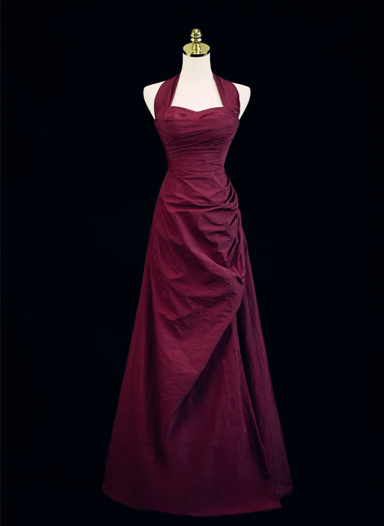 Burgundy A-line Halter Vintage Style Prom Dress, Burgundy Long Evening ...