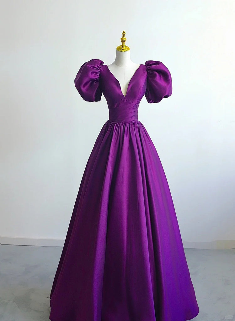 Purple Satin Short Sleeves V-neckline Prom Dress, Purple Satin Evening