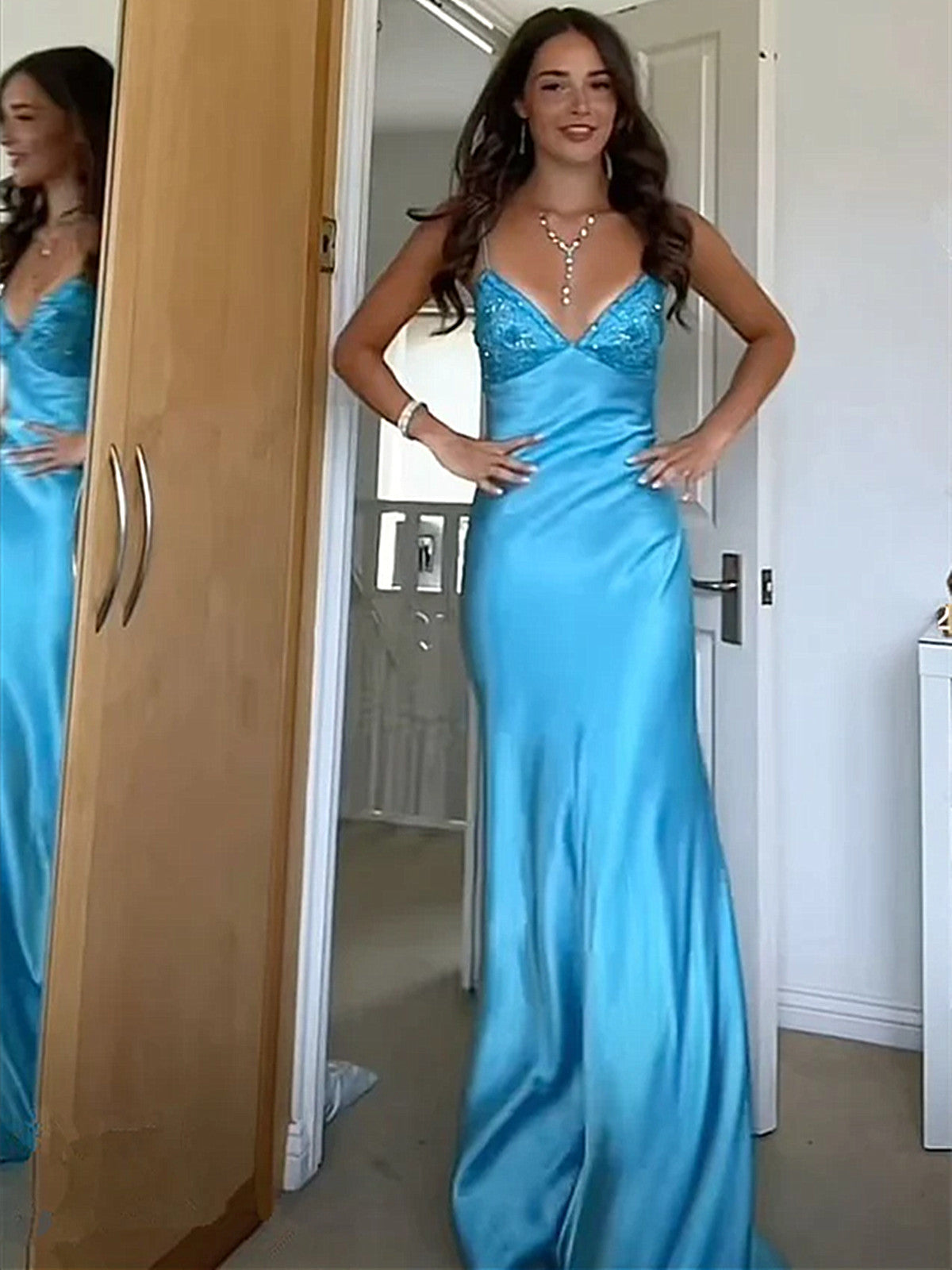 Blue Satin A-line Straps Beaded and Lace Low Back Party Dress, Blue Satin Prom Dress