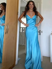 Blue Satin A-line Straps Beaded and Lace Low Back Party Dress, Blue Satin Prom Dress