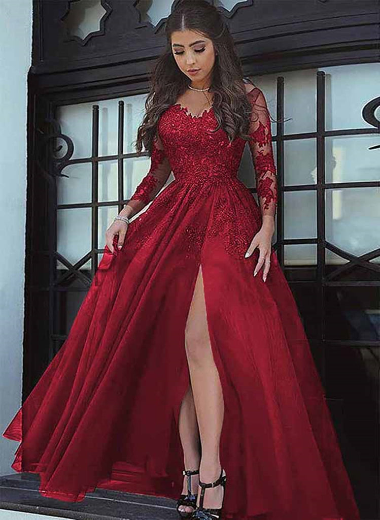 Wine Red Long Sleeves Lace Applique Prom Dress, Wine Red Tulle Evening