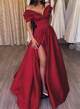 Wine Red Satin Off Shoulder Long Party Dress with Leg Slit, Wine Red Prom Dress