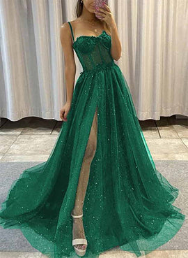 A-line Green Sweetheart Long Tulle Glitter Prom Dress, Green Straps Party Dress