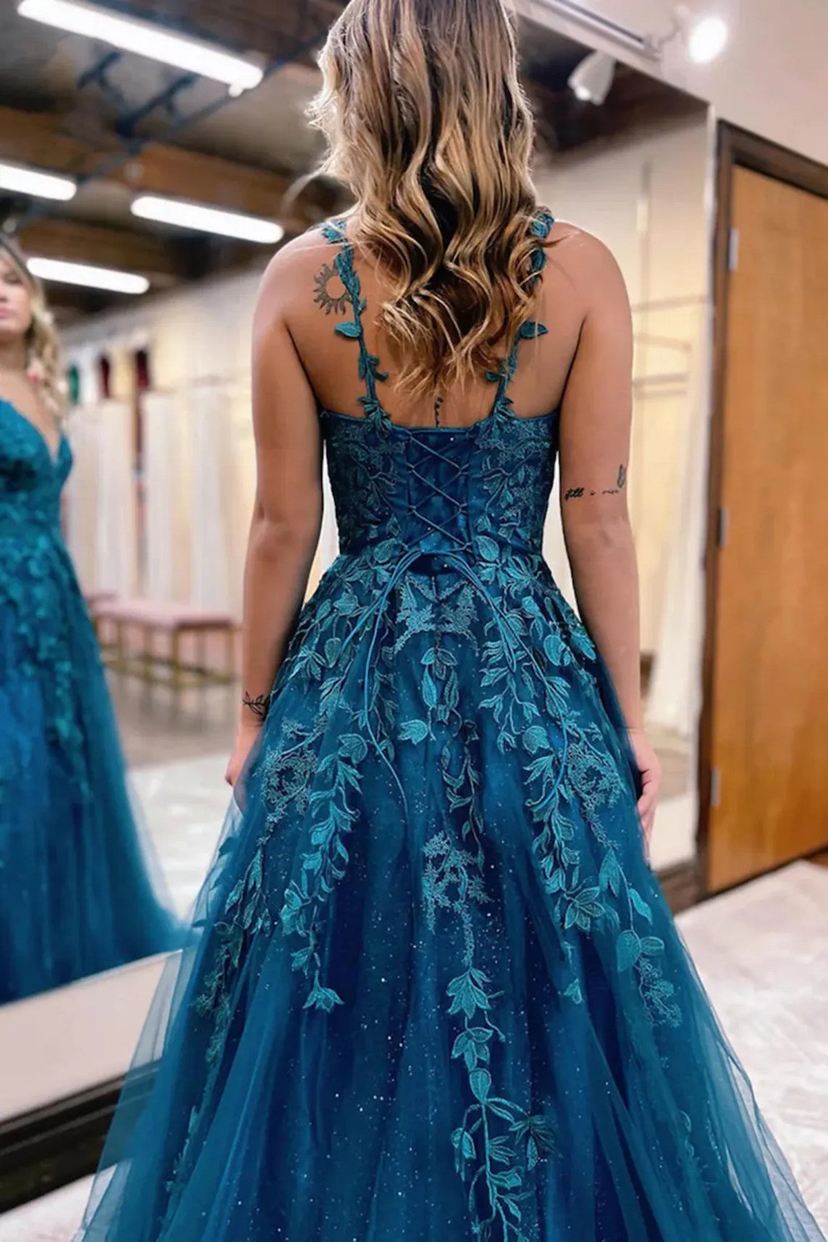 Blue Tulle with Lace Applique Straps Low Back Party Dress, Blue Prom Dress