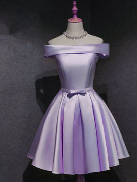Purple Satin Sweetheart Off Shoulder Homecoming Dress, Purple Satin Short Prom Dress