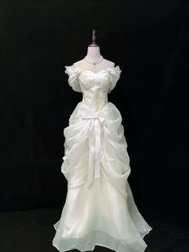 Ivory Organza A-line Sweetheart Party Dresswith Lace, Ivory Long Prom Dress Formal Dress