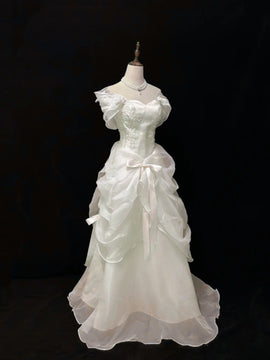 Ivory Organza A-line Sweetheart Party Dresswith Lace, Ivory Long Prom Dress Formal Dress