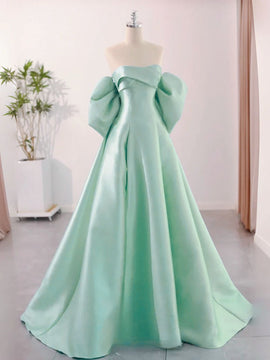 Green Satin A-line Sweetheart Off Shoulder Party Dress, Green Satin Long Evening Dress