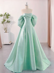 Green Satin A-line Sweetheart Off Shoulder Party Dress, Green Satin Long Evening Dress