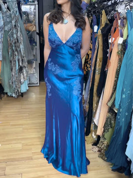 A-line Blue V-neckline Low Back Satin with Lace Party Dress, Blue Satin Evening Dress
