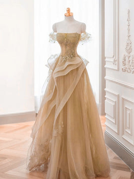 A-line Champagne Tulle with Lace Applique Prom Dress, Champagne Long Formal Dress
