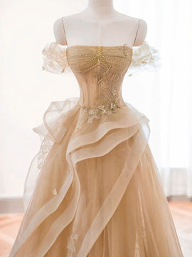 A-line Champagne Tulle with Lace Applique Prom Dress, Champagne Long Formal Dress