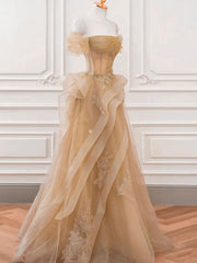 A-line Champagne Tulle with Lace Applique Prom Dress, Champagne Long Formal Dress