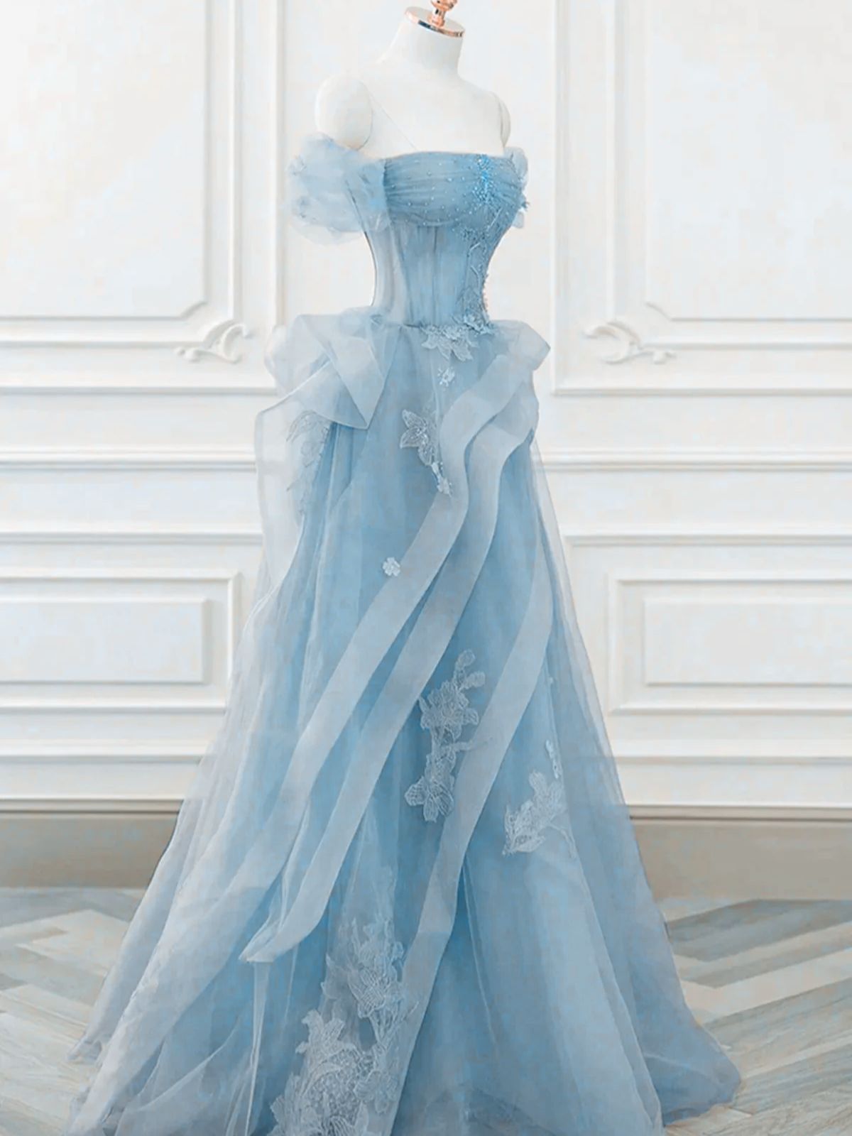 A-line Light Blue Tulle with Lace Applique Floor Length Evening Dress, Light Blue Tulle Prom Dress