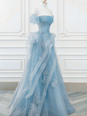 A-line Light Blue Tulle with Lace Applique Floor Length Evening Dress, Light Blue Tulle Prom Dress