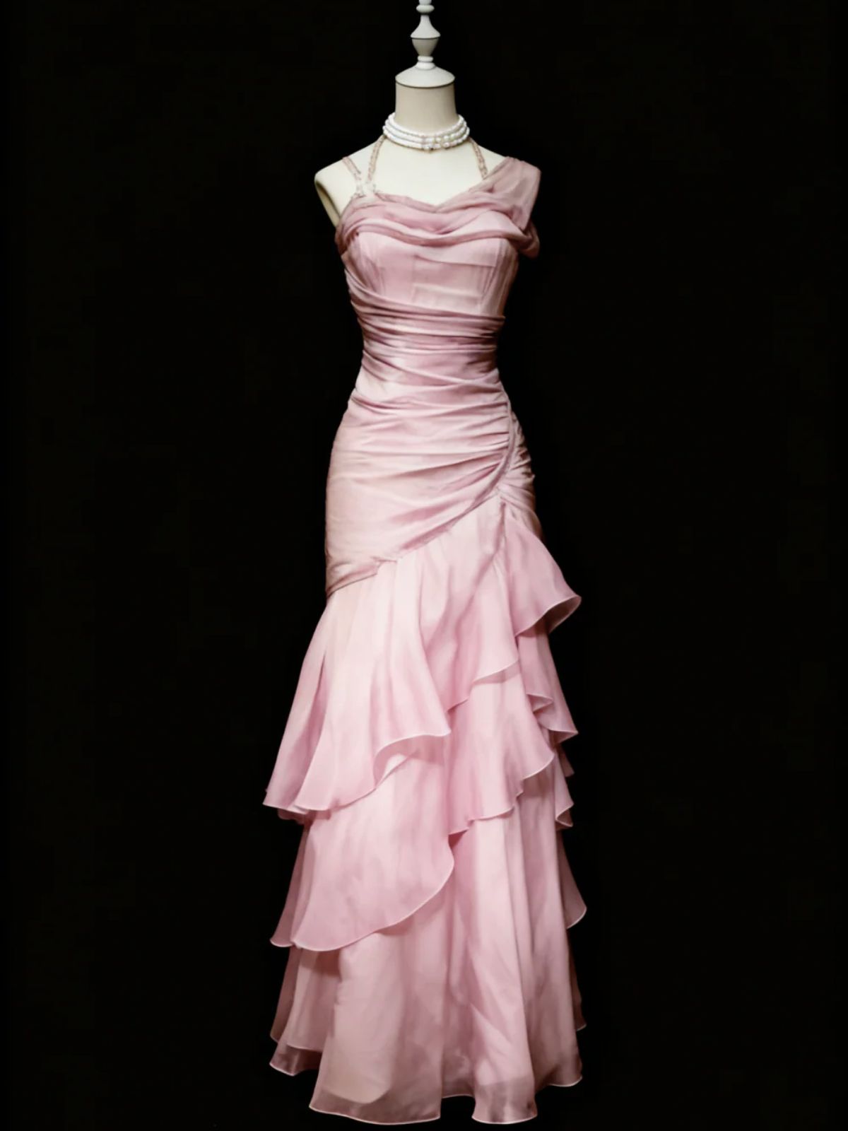 Pink Layers Straps Floor Length Formal Dress, Pink Long Prom Dress Party Dress