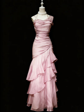 Pink Layers Straps Floor Length Formal Dress, Pink Long Prom Dress Party Dress