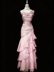 Pink Layers Straps Floor Length Formal Dress, Pink Long Prom Dress Party Dress