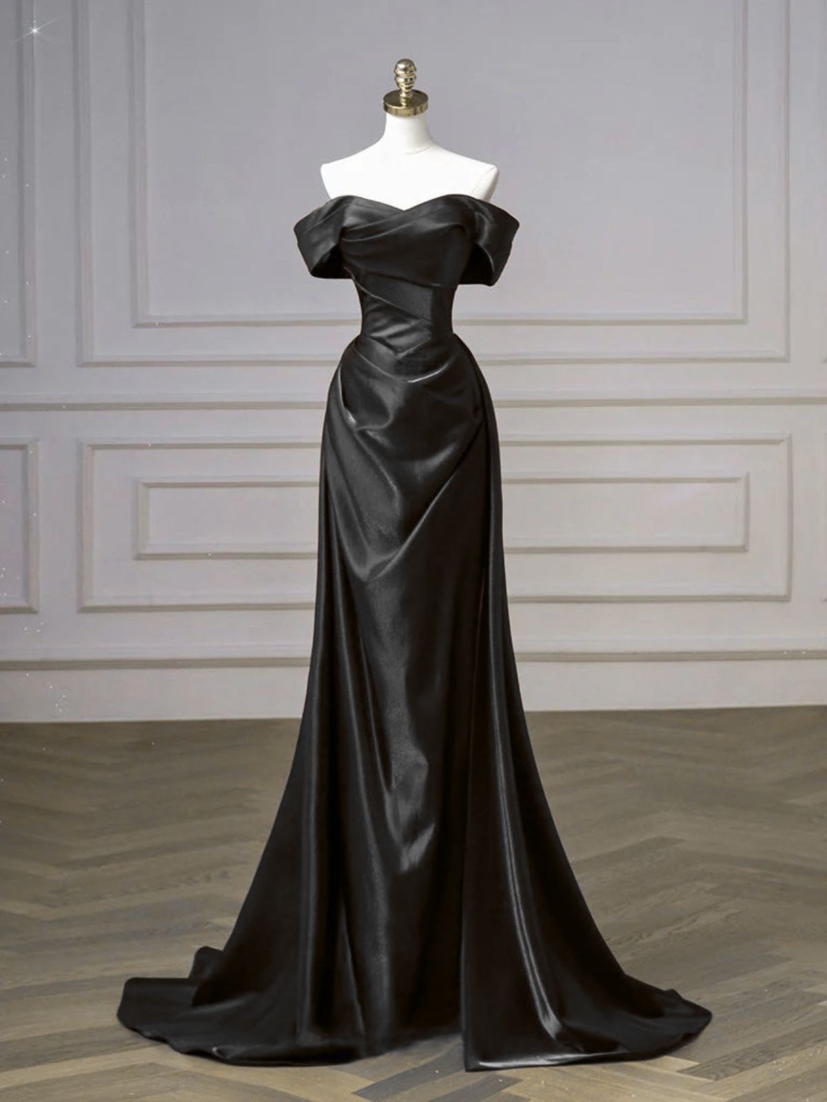 A-line Black Satin Off Shoulder Long Prom Dress, Sweetheart Lace-up Formal Dress