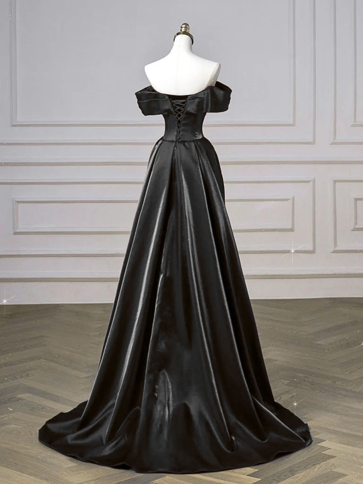 A-line Black Satin Off Shoulder Long Prom Dress, Sweetheart Lace-up Formal Dress